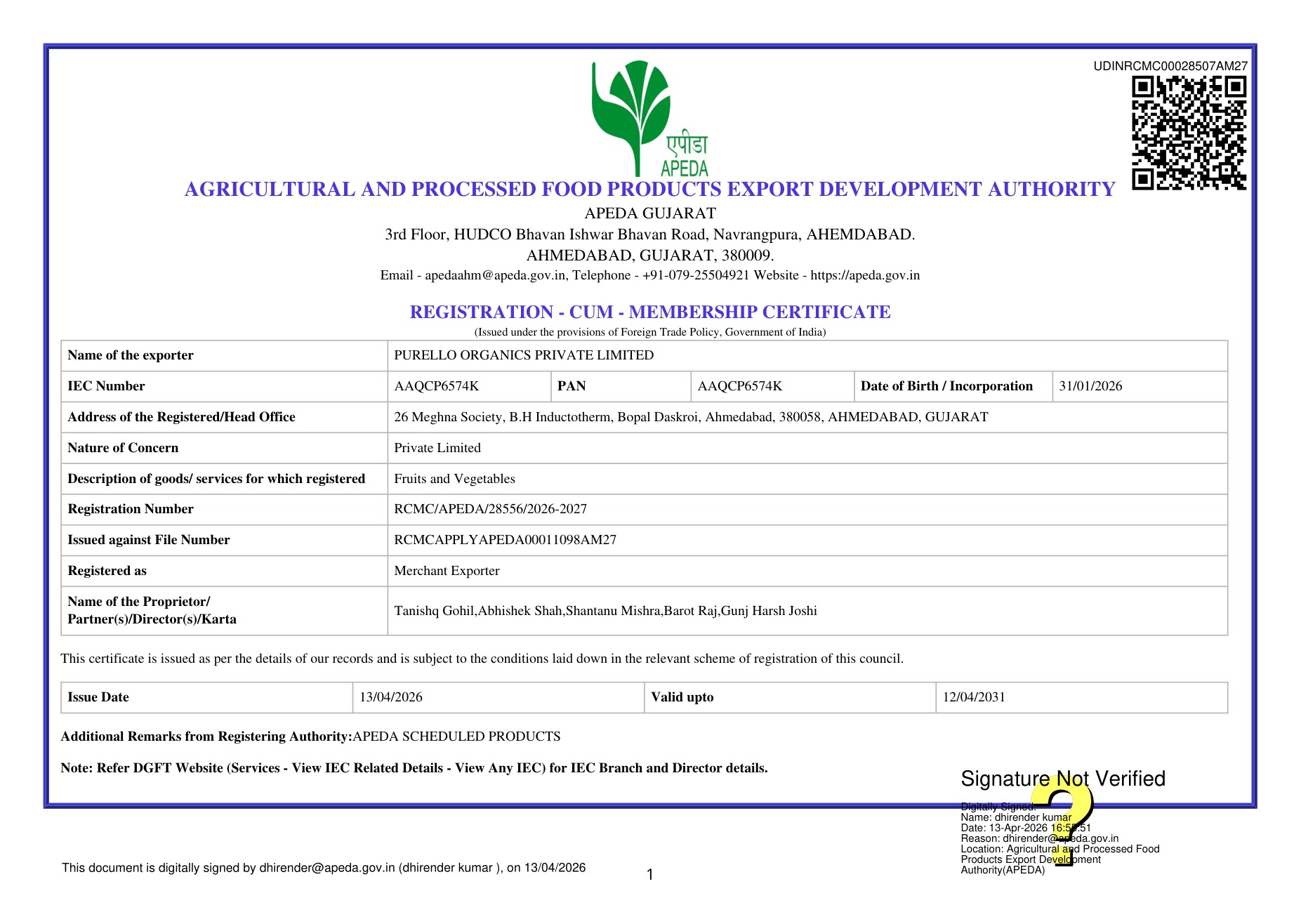 APEDA RCMC certificate preview